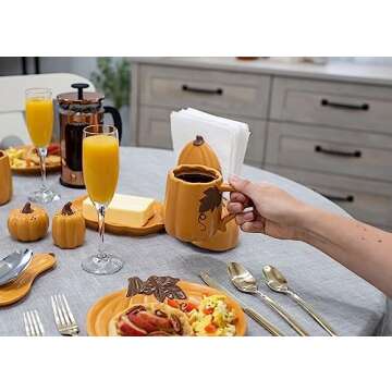 Nat & Jules Pumpkin Shaped 12 ounce Ceramic Coffee Mug and Small Saucer: Perfect for Halloween, Thanksgiving and Fall Collections - 2 Piece Set, Orange