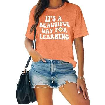 MAIHUN Women Teacher Life Shirt Teacher Gift Short Sleeve Shirts Its a Beautiful Day for Learning T-Shirt Orange