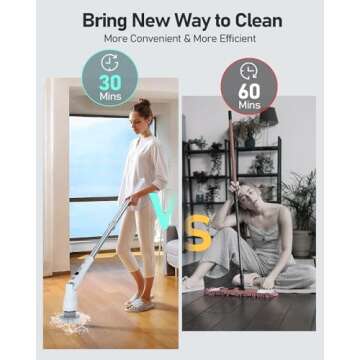 Saraily Electric Spin Scrubber, 80W Cordless Bathroom Shower Ergonomics Scrubber with 8 Cleaning Heads, 5000mah Dual Speed Power Scrubber with 54" Aluminum Alloy Handle for Bathtub, Grout, Tile, Floor