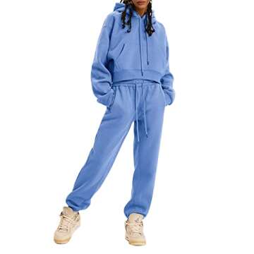 COZYPOIN Womens Fleece 2 Piece Outfits Sweatsuit Crop Top and Pants Hoodie Tracksuit Set(LightBlue-S)