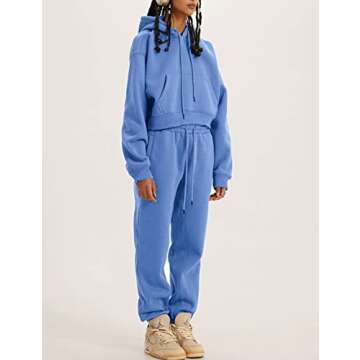 COZYPOIN Womens Fleece 2 Piece Outfits Sweatsuit Crop Top and Pants Hoodie Tracksuit Set(LightBlue-S)