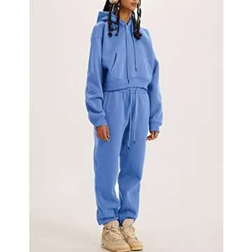 COZYPOIN Womens Fleece 2 Piece Outfits Sweatsuit Crop Top and Pants Hoodie Tracksuit Set(LightBlue-S)