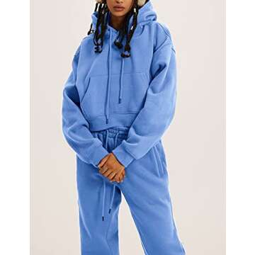 COZYPOIN Womens Fleece 2 Piece Outfits Sweatsuit Crop Top and Pants Hoodie Tracksuit Set(LightBlue-S)