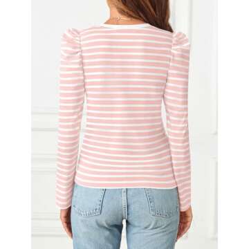 MEROKEETY Women's Puff Long Sleeve Striped Tops Crew Neck 2024 Fall Casual Knit Basic Tee Shirts, Pink, Medium