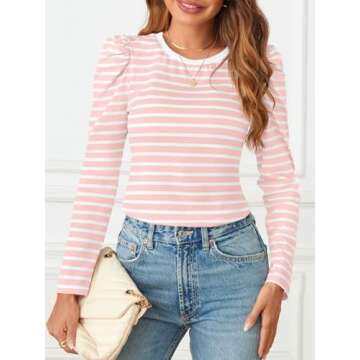 MEROKEETY Women's Puff Long Sleeve Striped Tops Crew Neck 2024 Fall Casual Knit Basic Tee Shirts, Pink, Medium