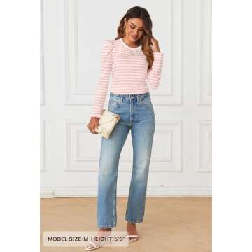 MEROKEETY Women's Puff Long Sleeve Striped Tops Crew Neck 2024 Fall Casual Knit Basic Tee Shirts, Pink, Medium