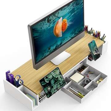 Stylish Oak Dual Monitor Riser with Drawer and Caddies for Ergonomic Setup