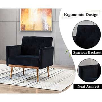 SLEERWAY Modern Velvet Single Sofa Chair, Upholstered Accent Living Room Chair, Comfy Armchair with Rose Golden Metal Legs, Tufted Chair for Reading or Lounging (Black)