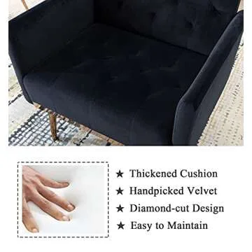 SLEERWAY Modern Velvet Single Sofa Chair, Upholstered Accent Living Room Chair, Comfy Armchair with Rose Golden Metal Legs, Tufted Chair for Reading or Lounging (Black)