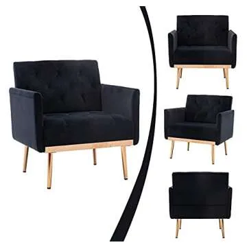 SLEERWAY Modern Velvet Single Sofa Chair, Upholstered Accent Living Room Chair, Comfy Armchair with Rose Golden Metal Legs, Tufted Chair for Reading or Lounging (Black)
