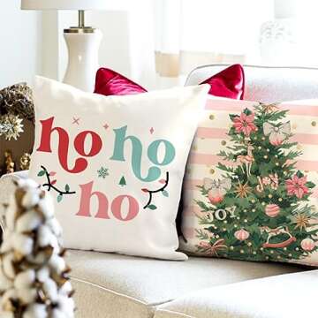 PANDICORN Christmas Pillow Covers 18x18 Inch Set of 4 Pink Santa Claus Christmas Tree Decorations St...