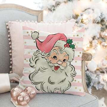 PANDICORN Christmas Pillow Covers 18x18 Inch Set of 4 Pink Santa Claus Christmas Tree Decorations Striped Merry Bright Xmas Winter Holiday Decorative Throw Pillows Cases for Couch Living Room Decor