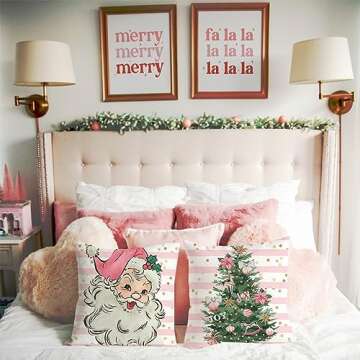 PANDICORN Christmas Pillow Covers 18x18 Inch Set of 4 Pink Santa Claus Christmas Tree Decorations Striped Merry Bright Xmas Winter Holiday Decorative Throw Pillows Cases for Couch Living Room Decor