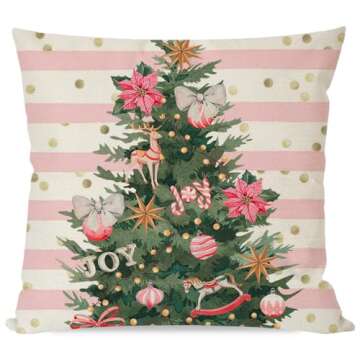 PANDICORN Christmas Pillow Covers 18x18 Inch Set of 4 Pink Santa Claus Christmas Tree Decorations Striped Merry Bright Xmas Winter Holiday Decorative Throw Pillows Cases for Couch Living Room Decor