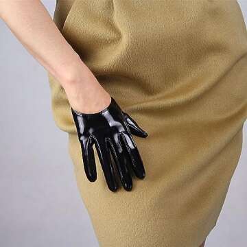 DooWay Extra Short Black Leather Gloves Women Half Palm 5" Unlined Faux Patent PU Dressy Costume Gloves