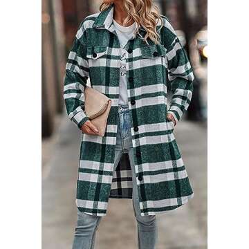 PRETTYGARDEN Women's Plaid Shacket 2025 Long Sleeve Button Up Flannel Shirt Winter Tartan Jacket Woolen Coats (Plaid Dark Green,Large)