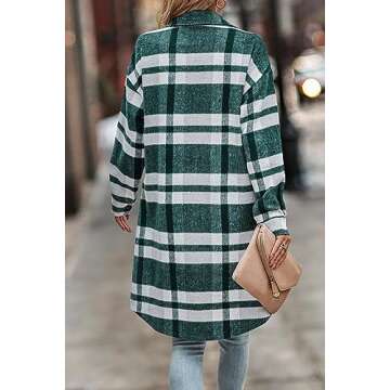 PRETTYGARDEN Women's Plaid Shacket 2025 Long Sleeve Button Up Flannel Shirt Winter Tartan Jacket Woolen Coats (Plaid Dark Green,Large)
