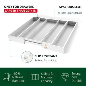 ROYAL CRAFT WOOD Luxury Bamboo Kitchen Drawer Organizer - Silverware Organizer - Utensil Holder and Cutlery Tray with Grooved Drawer Dividers for Flatware and Kitchen Utensils (5 Slot, White)