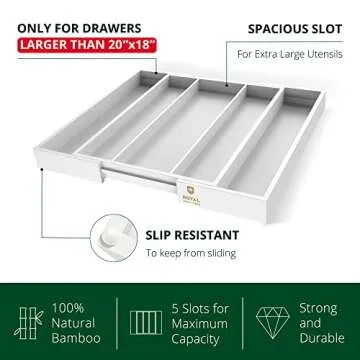 ROYAL CRAFT WOOD Luxury Bamboo Kitchen Drawer Organizer - Silverware Organizer - Utensil Holder and Cutlery Tray with Grooved Drawer Dividers for Flatware and Kitchen Utensils (5 Slot, White)