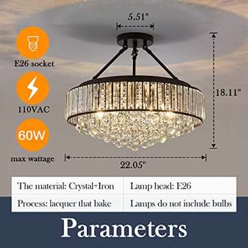 YYJLX 6-Light Modern Large Crystal Chandelier Black Metal E26 Semi Flush Mount Round Light Fixture Ceiling Lamp Farmhouse for Dining Living Room Laundry Foyer Kitchen Balcony Bedroom