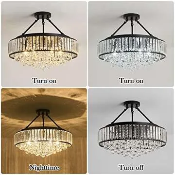 YYJLX 6-Light Modern Large Crystal Chandelier Black Metal E26 Semi Flush Mount Round Light Fixture Ceiling Lamp Farmhouse for Dining Living Room Laundry Foyer Kitchen Balcony Bedroom