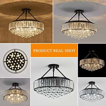 YYJLX 6-Light Modern Large Crystal Chandelier Black Metal E26 Semi Flush Mount Round Light Fixture Ceiling Lamp Farmhouse for Dining Living Room Laundry Foyer Kitchen Balcony Bedroom