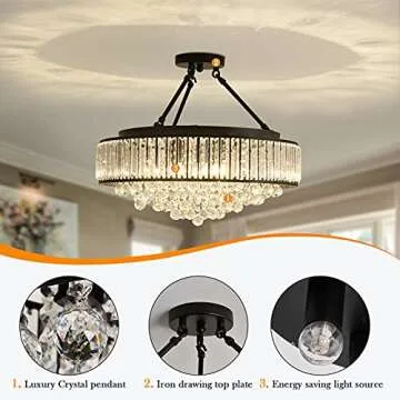 YYJLX 6-Light Modern Large Crystal Chandelier Black Metal E26 Semi Flush Mount Round Light Fixture Ceiling Lamp Farmhouse for Dining Living Room Laundry Foyer Kitchen Balcony Bedroom
