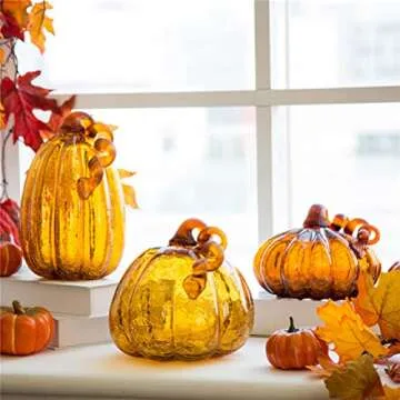 Glitzhome Handblown Amber Glass Pumpkin for Fall Decor