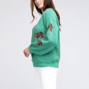 Women Oversized Knit Sweater Tiger Print Long Sleeve Pullover Tops Aesthetic Clothes Streetwear Knitwear (Green, L)