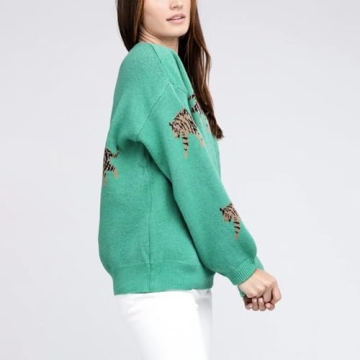 Women Oversized Knit Sweater Tiger Print Long Sleeve Pullover Tops Aesthetic Clothes Streetwear Knitwear (Green, L)