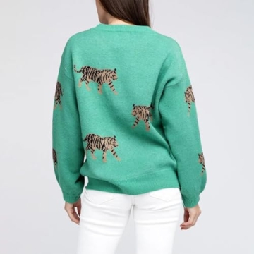 Women Oversized Knit Sweater Tiger Print Long Sleeve Pullover Tops Aesthetic Clothes Streetwear Knitwear (Green, L)