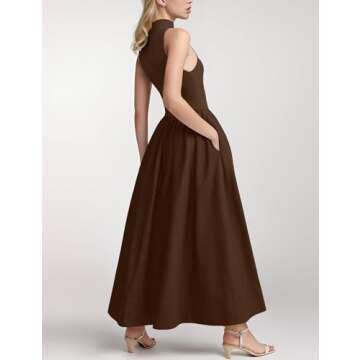 Lauweion Women's Sleeveless Turtleneck Maxi Dress Patchwork Casual Solid Flowy Mock Neck Tank Top Dress with Pockets Brown