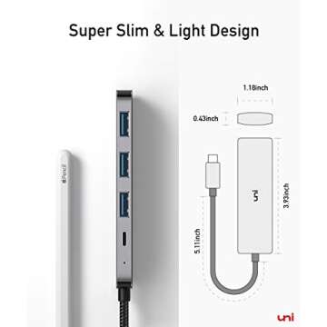 uni USB C to USB 3.0 Hub with 100W PD-in, (Slim& Aluminum& Nylon) USB Type C to USB Adapter with 3*USB A, USB-C Power Delivery Compatible with MacBook Pro, XPS, Pixelbook, 0.4FT (Not Support Video)
