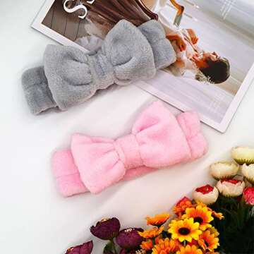 NYKKOLA 2 Pack Spa Headband,Bowknot Coral Fleece Elastic Headband With 2 Silicone Face Mask Brush,for Women Girls Washing Face Beauty Skincare And Sports. (Gray,Pink)