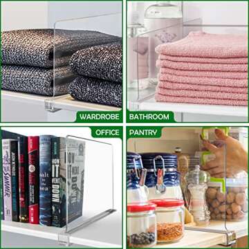 Consevisen Shelf Dividers for Closet Organization and Storage, 8 Pack Acrylic Clear Closet Shelf Dividers for Wood Shelves, Vertical Sweater Handbag Purse Organizer for Bedroom Kitchen Office
