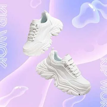 K KIP WOK Chunky Sneakers for Women Fashion Platform White Leather Casual Dad Shoes Comfortable Wedg...