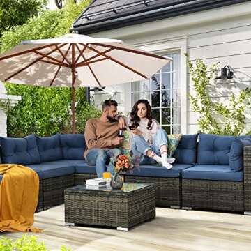 YITAHOME 7 Pieces Patio Furniture Set, All-Weather PE Rattan Outdoor Conversation Set, Wicker Outside Sectional Sofa Couch with Table and Cushions for Pool Backyard Deck Garden (Navy)