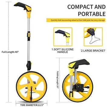 Zozen Measuring Wheel in Feet and Inches, Mechanical | Double Collapsible | One Key to Reset | Kickstand to Keep Stand | Starting Point Arrow and Cloth Carrying Bag, 0-9,999 Ft Measure Wheel.
