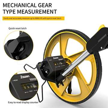 Zozen Measuring Wheel in Feet and Inches, Mechanical | Double Collapsible | One Key to Reset | Kickstand to Keep Stand | Starting Point Arrow and Cloth Carrying Bag, 0-9,999 Ft Measure Wheel.