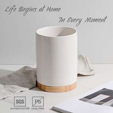 Sweejar Kitchen Utensil Holder with Wooden Bottom, 6.7" Ceramic Utensil Crock to Hold Spatulas for C...