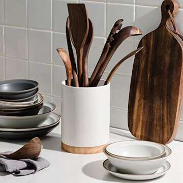 Sweejar Kitchen Utensil Holder with Wooden Bottom, 6.7" Ceramic Utensil Crock to Hold Spatulas for Cooking Countertop, Housewarming, Wedding, Birthday Gift (White)