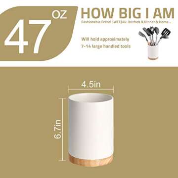 Sweejar Kitchen Utensil Holder with Wooden Bottom, 6.7" Ceramic Utensil Crock to Hold Spatulas for Cooking Countertop, Housewarming, Wedding, Birthday Gift (White)