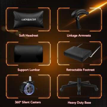 LUCKRACER Gaming Chair, Video Game Chairs Gaming Computer Chair with Footrest 350Lb Heavy Duty Gaming Chair Ergonomic Office Chair Lumbar Support for Adults, High Back, Swivel Seat, Recliner(Black)