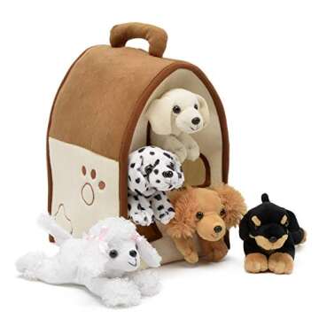 Plush Dog House -Five (5) Stuffed Animal Dogs (Dalmation, Yellow Lab, Rottweiler, Poodle, Cocker Spa...