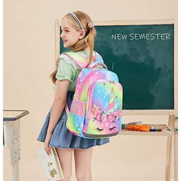 JIANYA Girls Backpack Kids Bookbag with Lunch Box Rainbow Preschool Kindergarten Back Packs for Girl