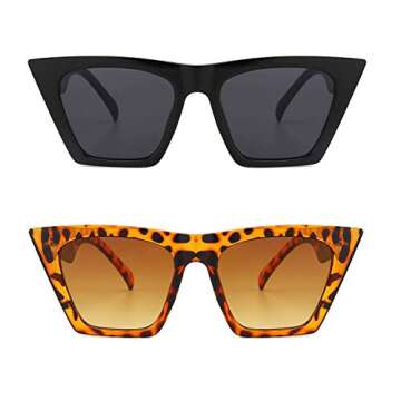 BUTABY Vintage Square Cat Eye Sunglasses for Women Fashion Oversize Cat-eye Classic Sunglasses Black ＆ Leopard…