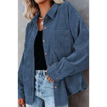 JOCAFIYE Womens Fall Fashion Jackets Tops Blue Long Sleeve Button Down Shirts Corduroy Jacket for Women L