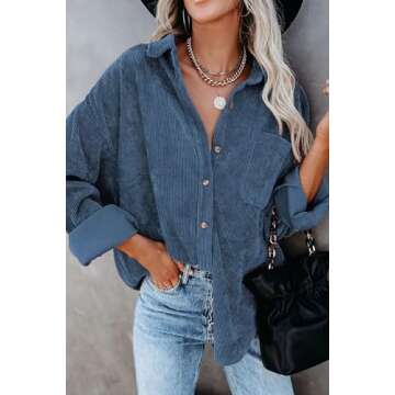 JOCAFIYE Womens Fall Fashion Jackets Tops Blue Long Sleeve Button Down Shirts Corduroy Jacket for Women L