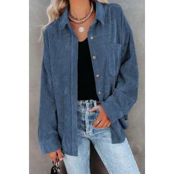 JOCAFIYE Womens Fall Fashion Jackets Tops Blue Long Sleeve Button Down Shirts Corduroy Jacket for Women L