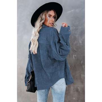 JOCAFIYE Womens Fall Fashion Jackets Tops Blue Long Sleeve Button Down Shirts Corduroy Jacket for Women L